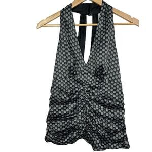 EXPRESS Y2K 8 Dot and Stripe Black/Gray/White Satin Ruched Halter Neck Tank